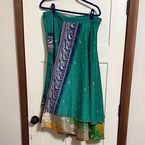 Reclaimed Saree Green and Blue Silk Women's Wrap Skirt Reversible